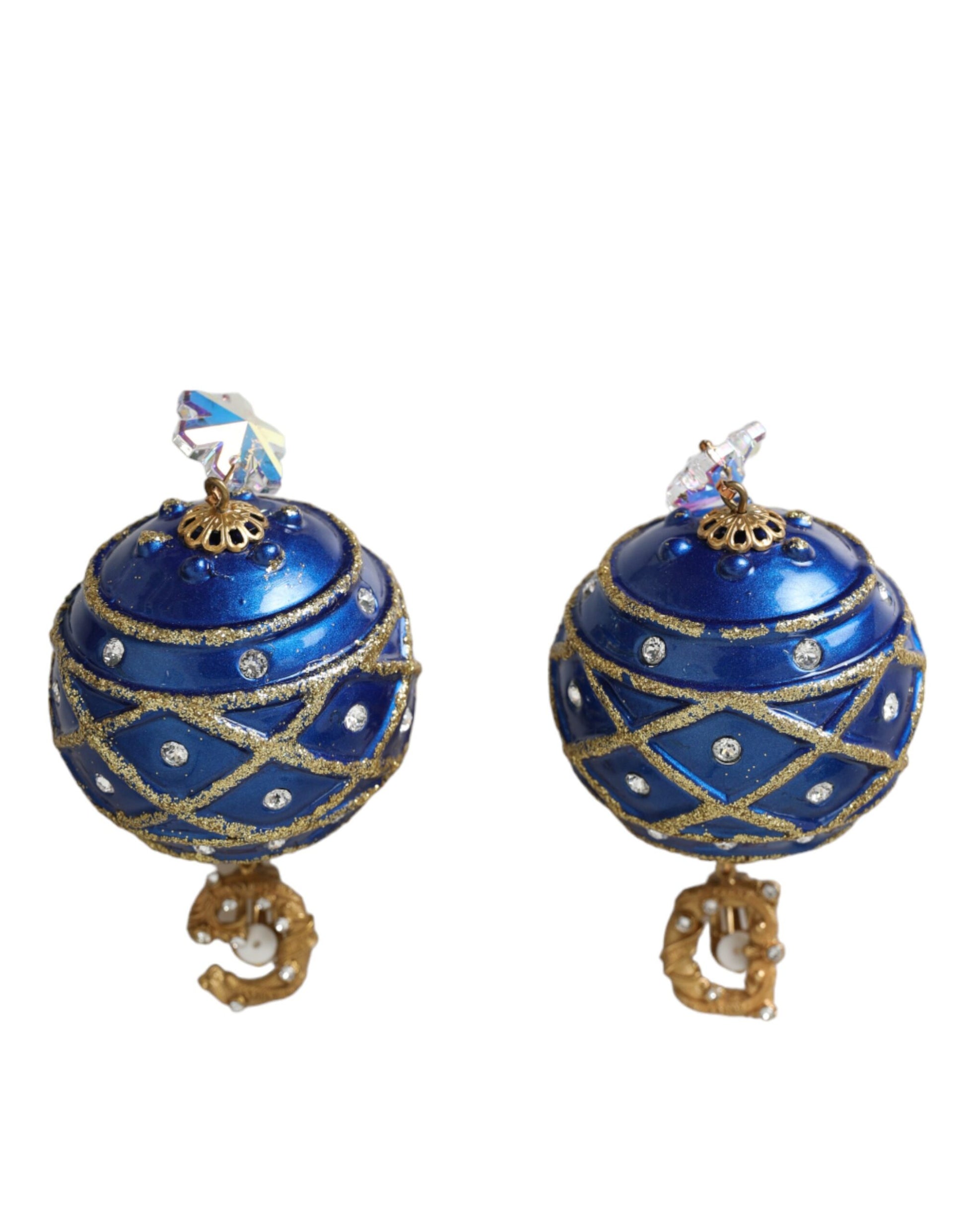 Dolce & Gabbana Gold Brass Blue Dangle Christmas Ball Crystal Clip On Earrings