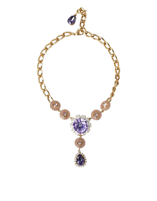 Collar con colgante de perlas de color morado, rosa y cristal de latón dorado de Dolce &amp; Gabbana