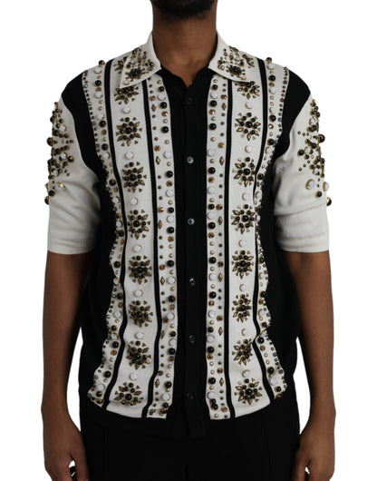 Camisa de seda blanca y negra con cristales tachonados de Dolce &amp; Gabbana