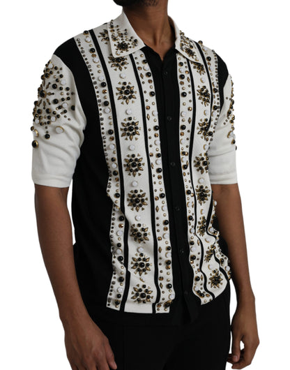 Camisa de seda blanca y negra con cristales tachonados de Dolce &amp; Gabbana