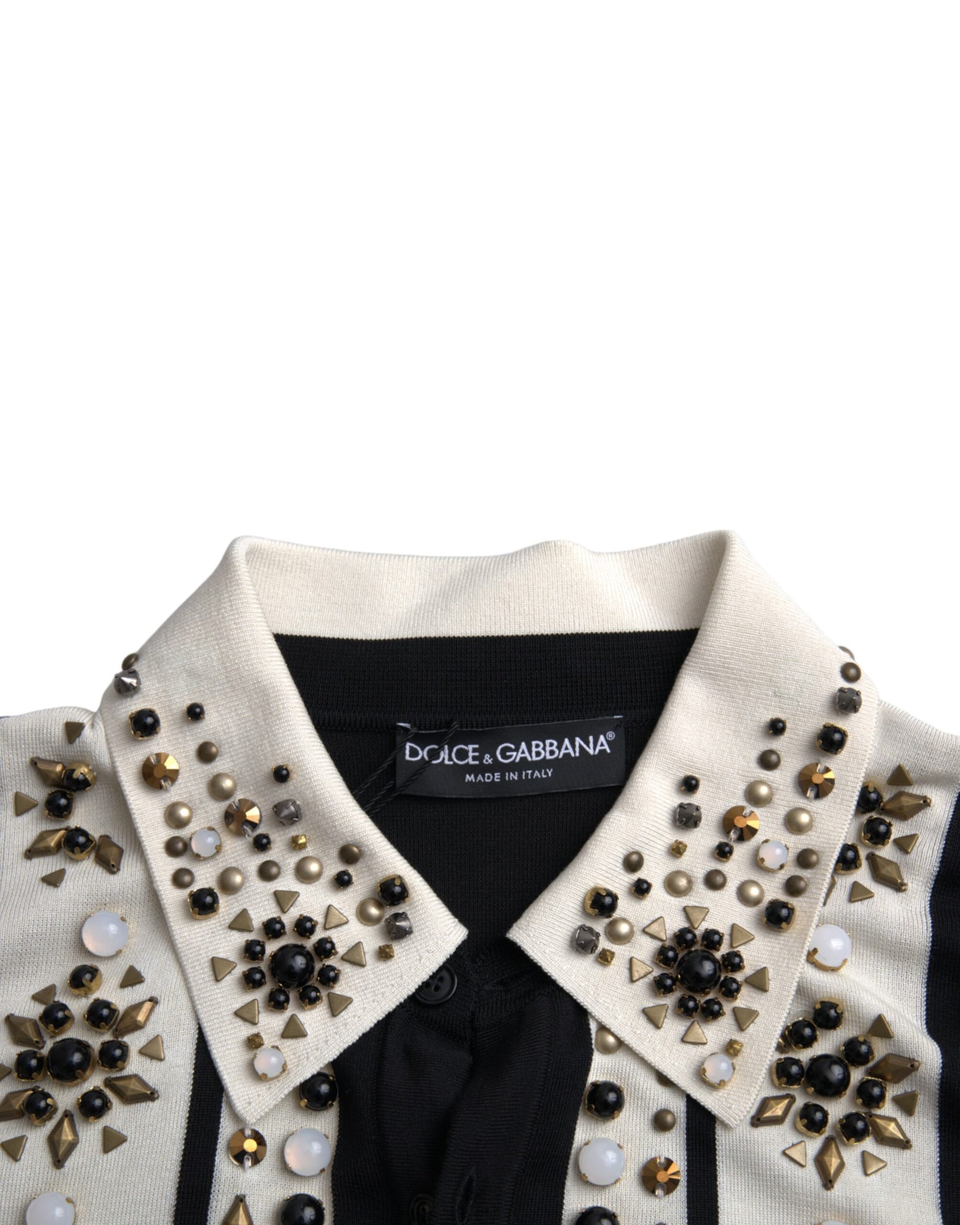 Camisa de seda blanca y negra con cristales tachonados de Dolce &amp; Gabbana