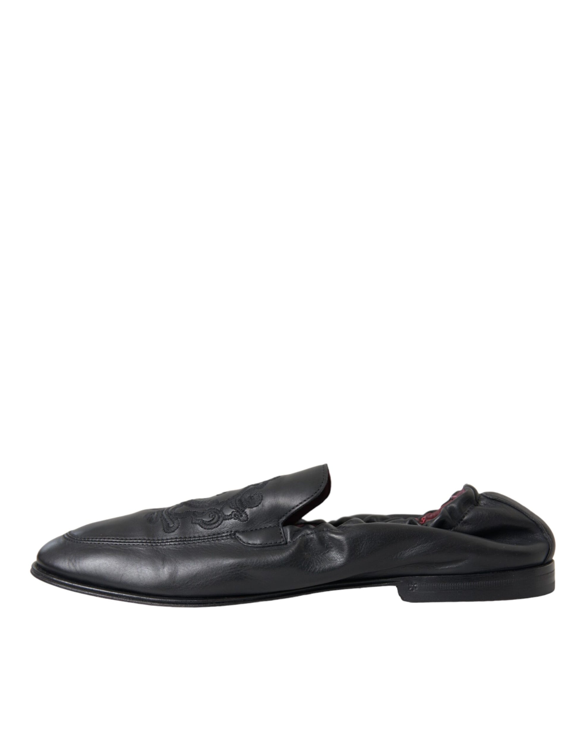 Mocasines de cuero con logotipo bordado en negro de Dolce &amp; Gabbana, zapatos de vestir para hombre