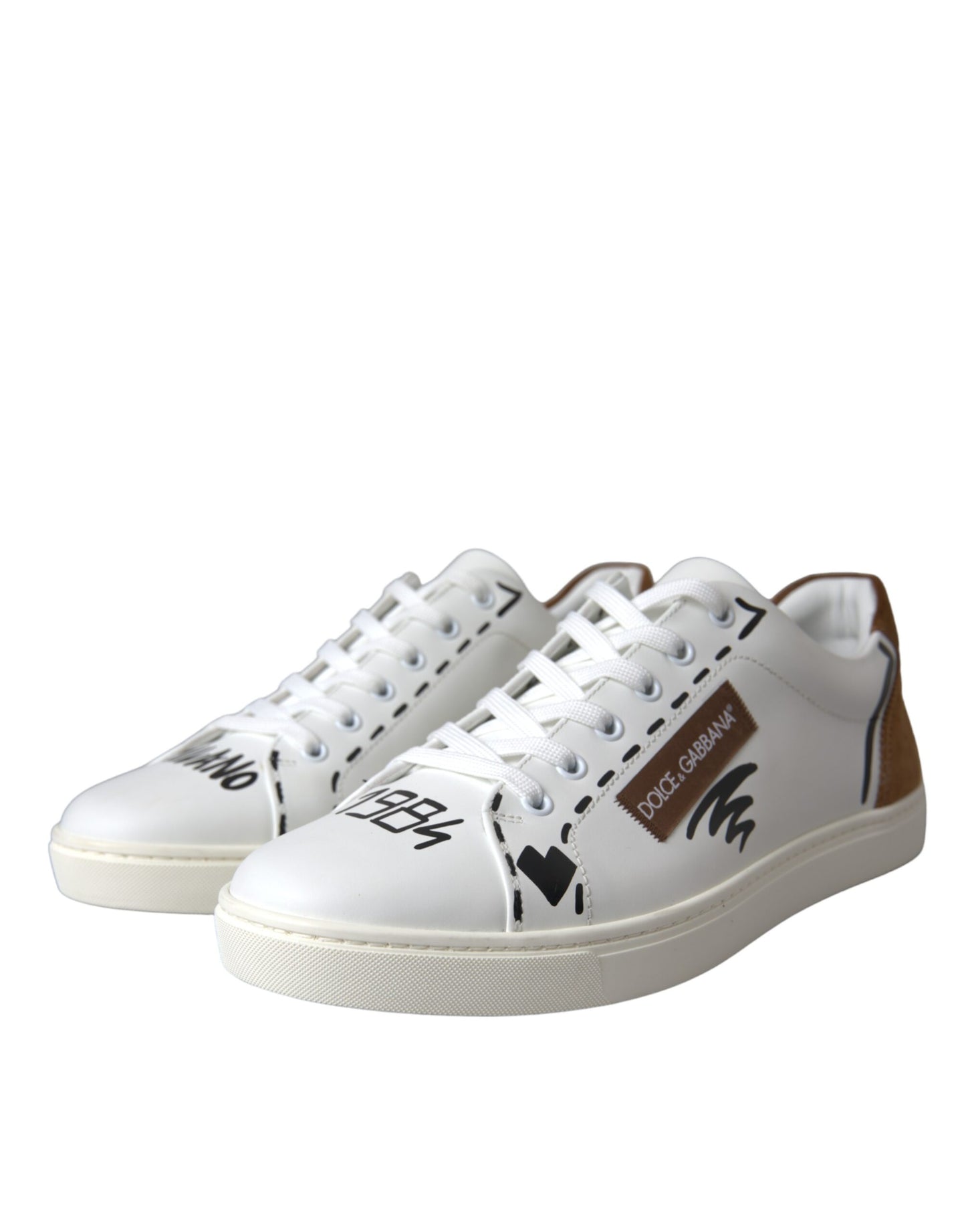 Dolce & Gabbana White Brown Leather Logo Low Top Sneakers Shoes