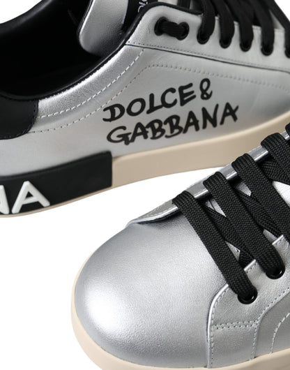 Dolce & Gabbana Silver Portofino Calf Leather Sneakers Men Shoes