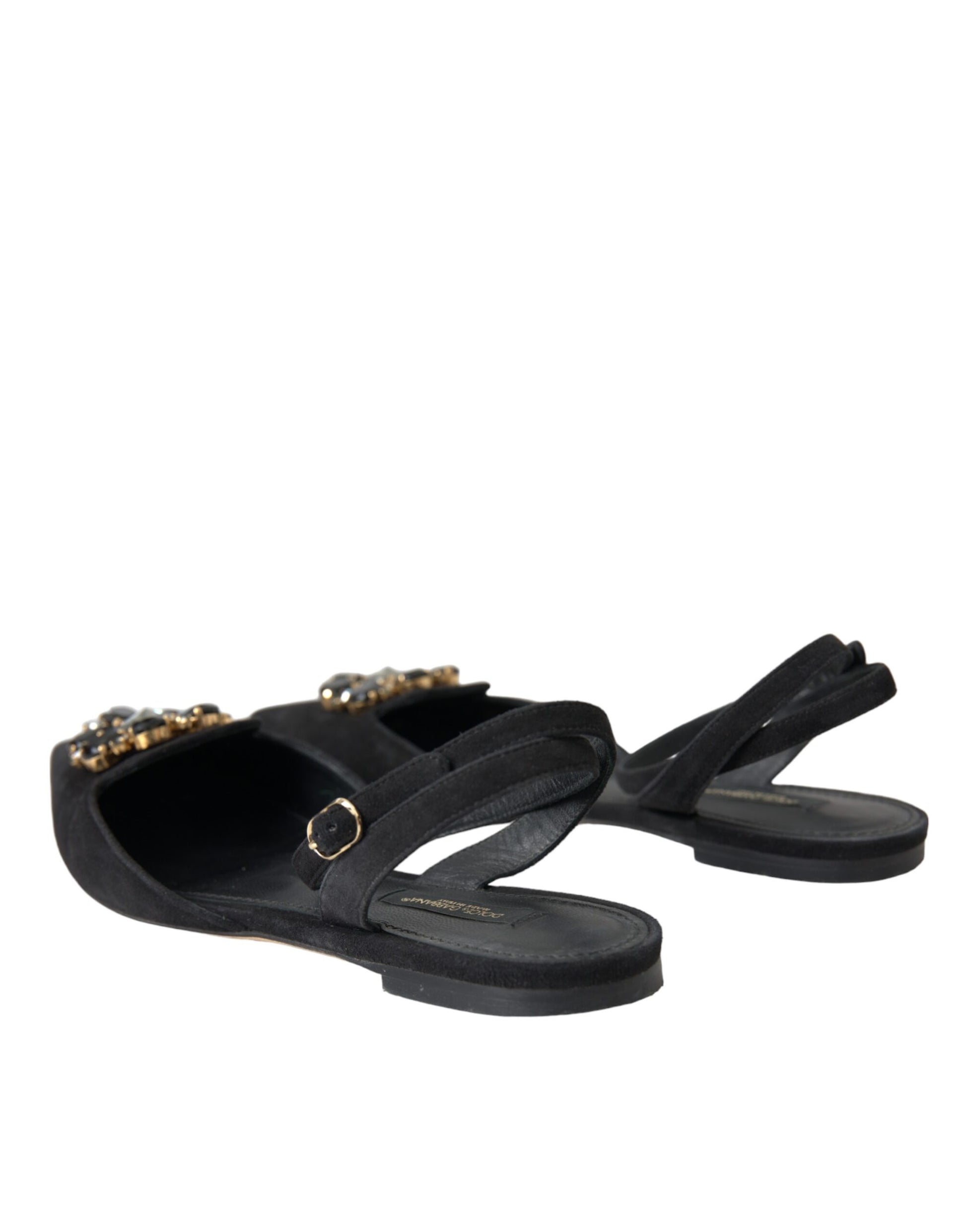 Sandalias con tiras cruzadas y cristales en cuero negro de Dolce &amp; Gabbana