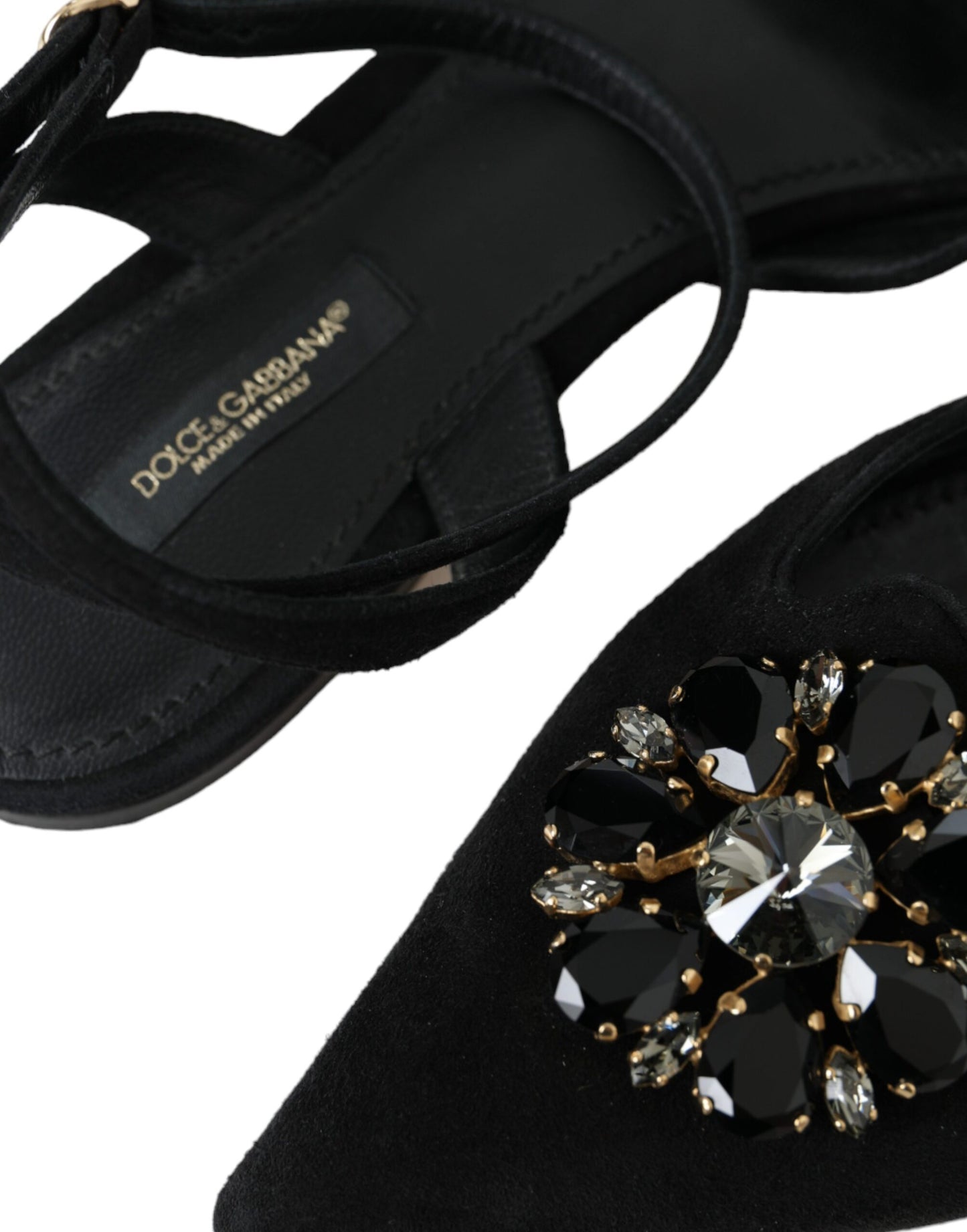 Sandalias con tiras cruzadas y cristales en cuero negro de Dolce &amp; Gabbana