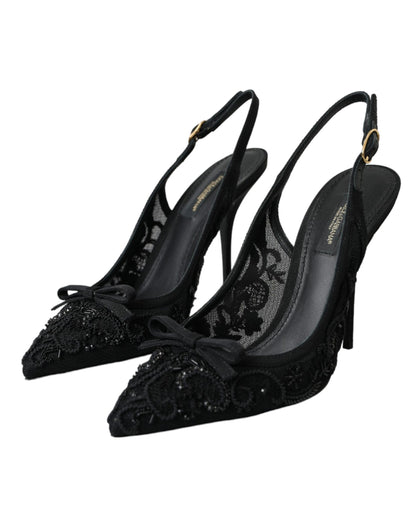 Zapatos de tacón con tiras cruzadas Ricamo de tul negro de Dolce &amp; Gabbana