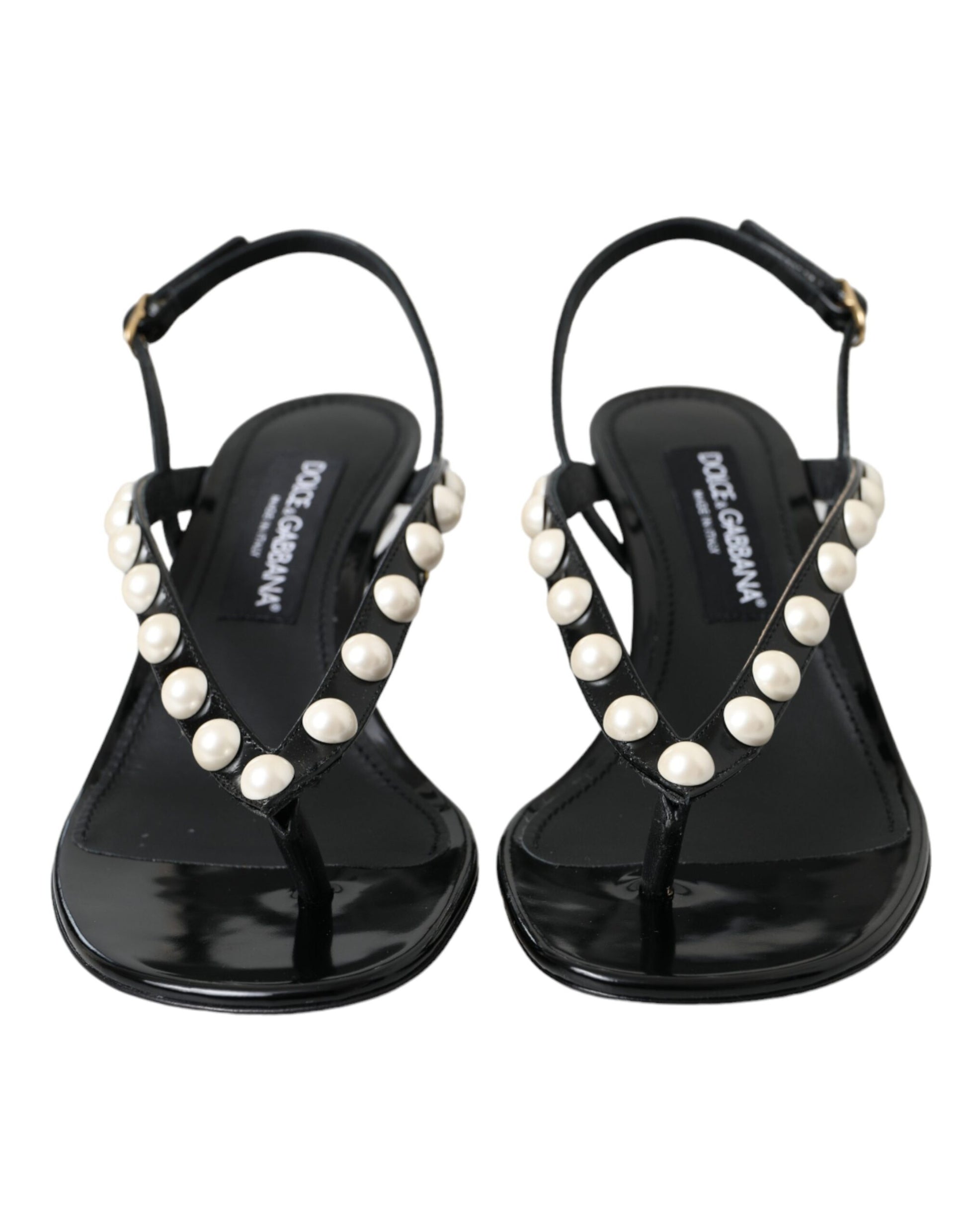 Sandalias de piel negra con tacón de perlas sintéticas de Dolce &amp; Gabbana