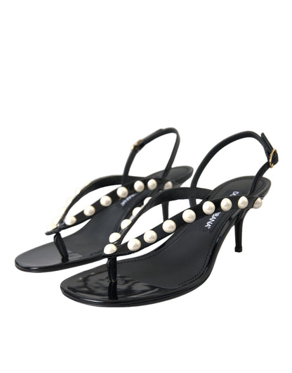 Sandalias de piel negra con tacón de perlas sintéticas de Dolce &amp; Gabbana