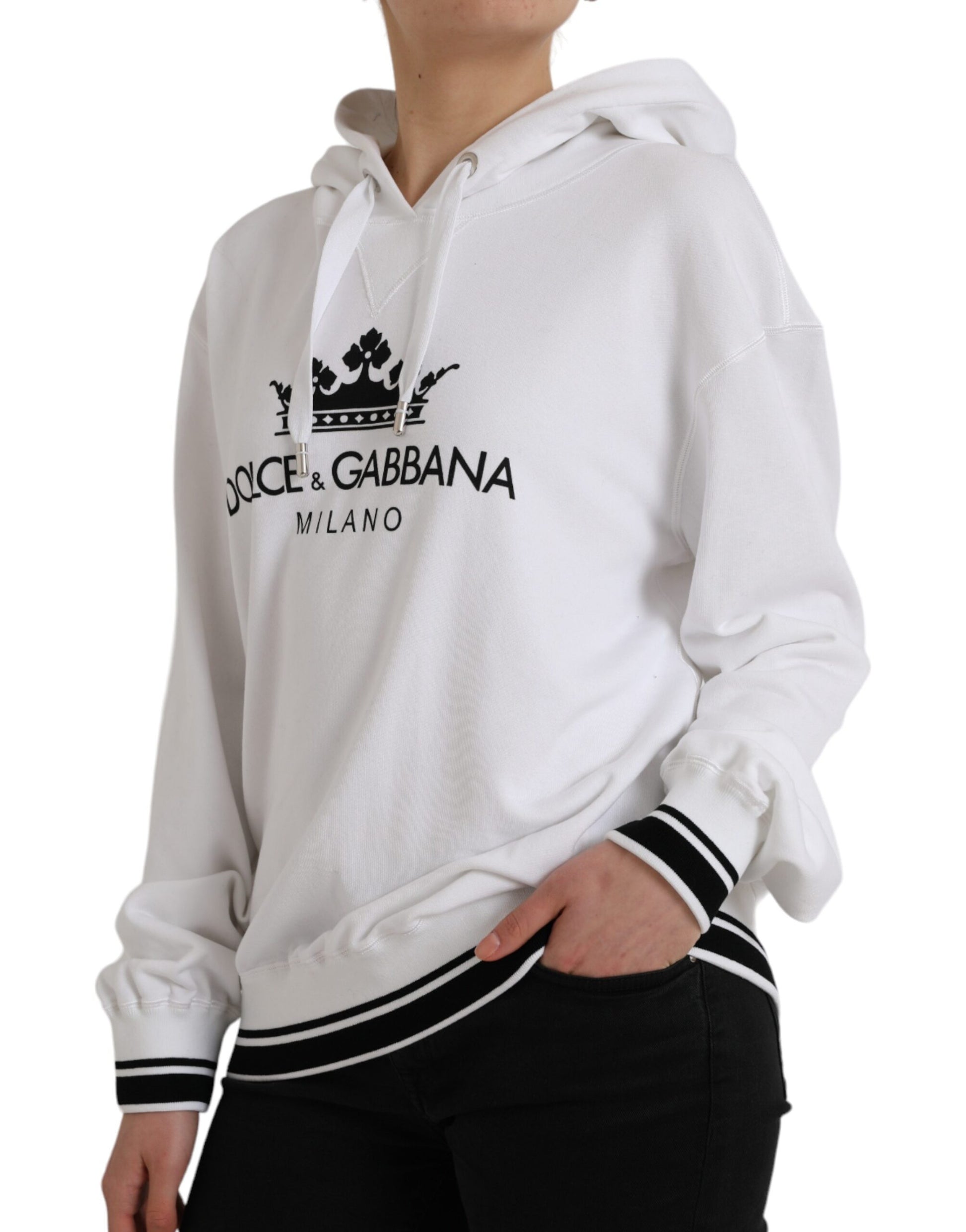 Dolce & Gabbana White Cotton Logo Hoodie Pullover Sweater