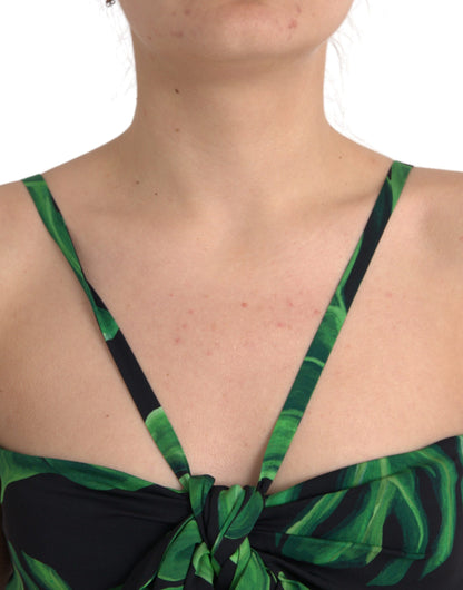 Dolce & Gabbana Black Green Leaf Silk Halter Cropped Top