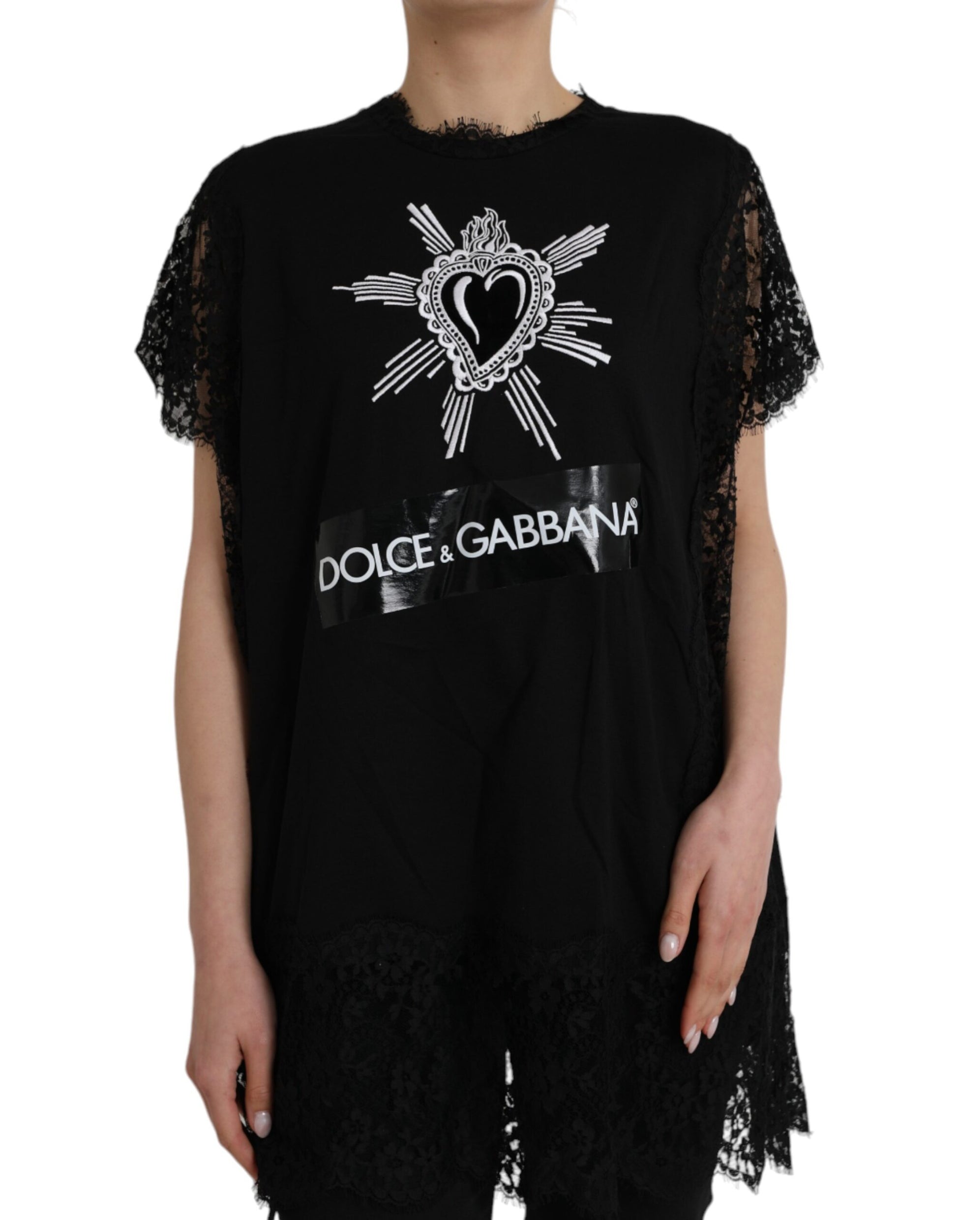 Camiseta de encaje de algodón con estampado Sacred Heart de Dolce &amp; Gabbana en color negro
