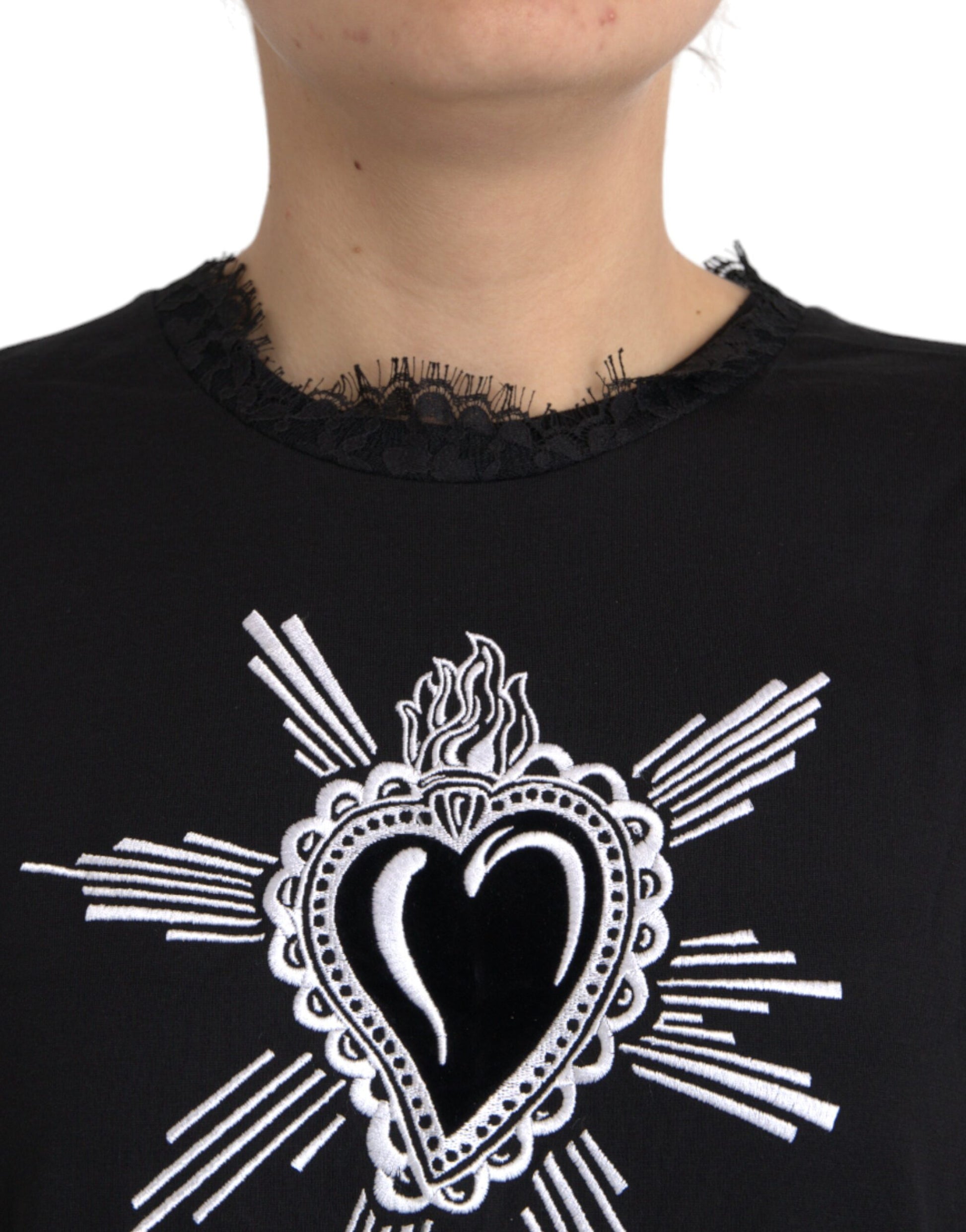 Camiseta de encaje de algodón con estampado Sacred Heart de Dolce &amp; Gabbana en color negro