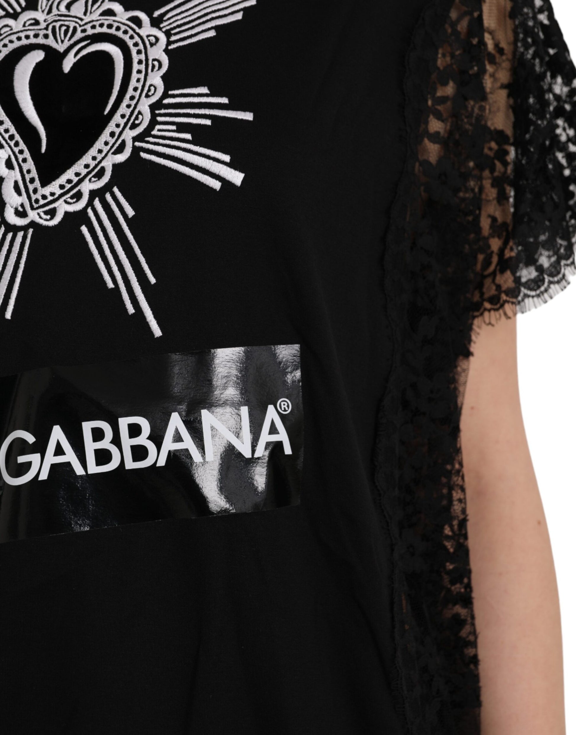 Camiseta de encaje de algodón con estampado Sacred Heart de Dolce &amp; Gabbana en color negro