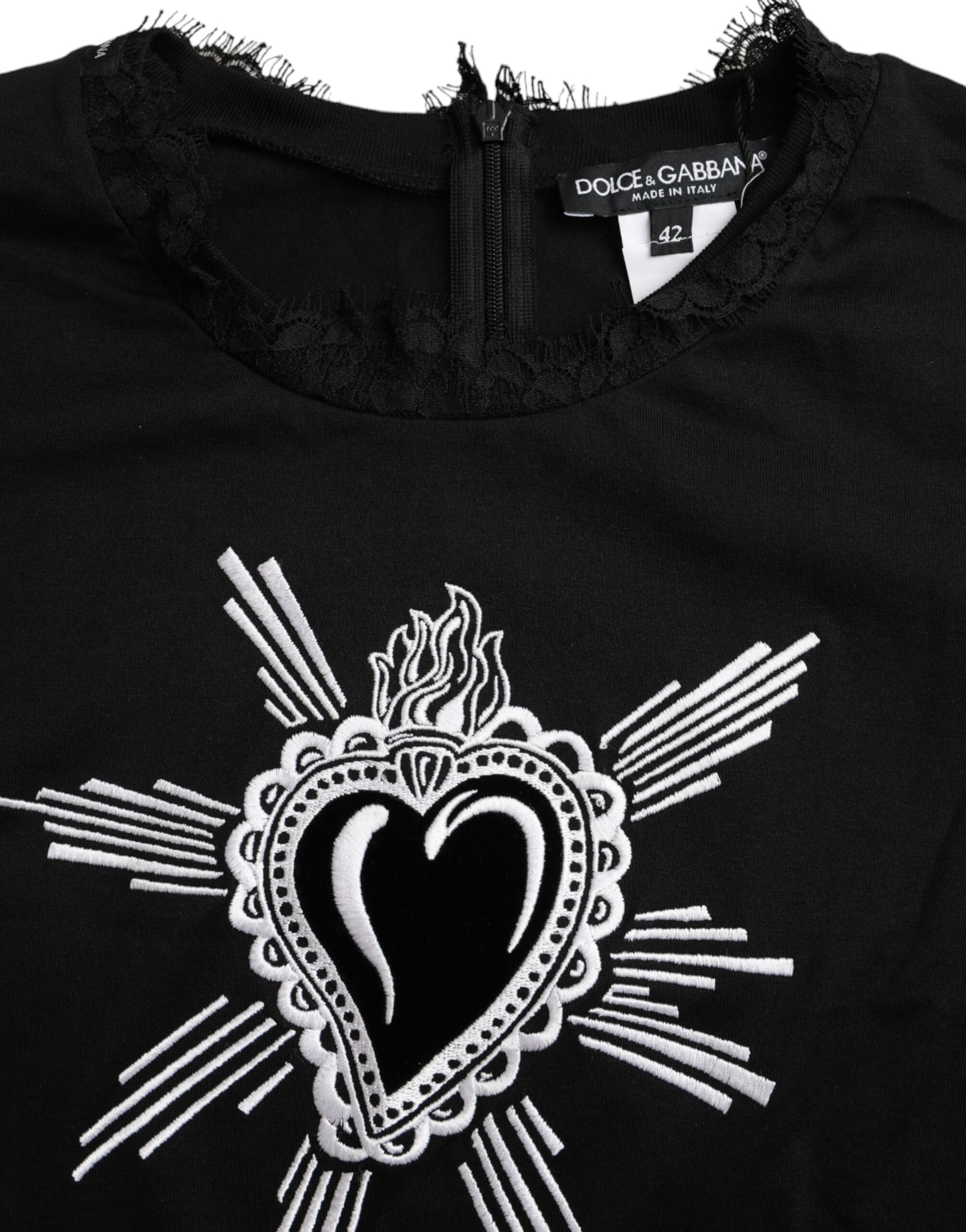 Camiseta de encaje de algodón con estampado Sacred Heart de Dolce &amp; Gabbana en color negro