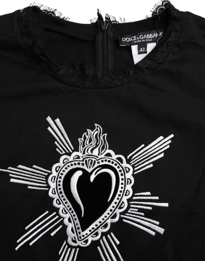 Camiseta de encaje de algodón con estampado Sacred Heart de Dolce &amp; Gabbana en color negro
