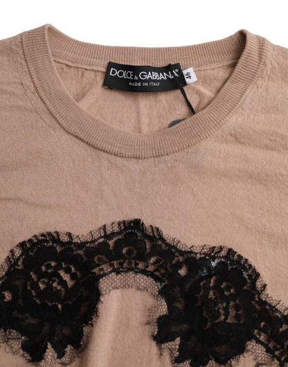 Dolce & Gabbana Brown Wool Black Lace 3/4 Sleeve Blouse Top