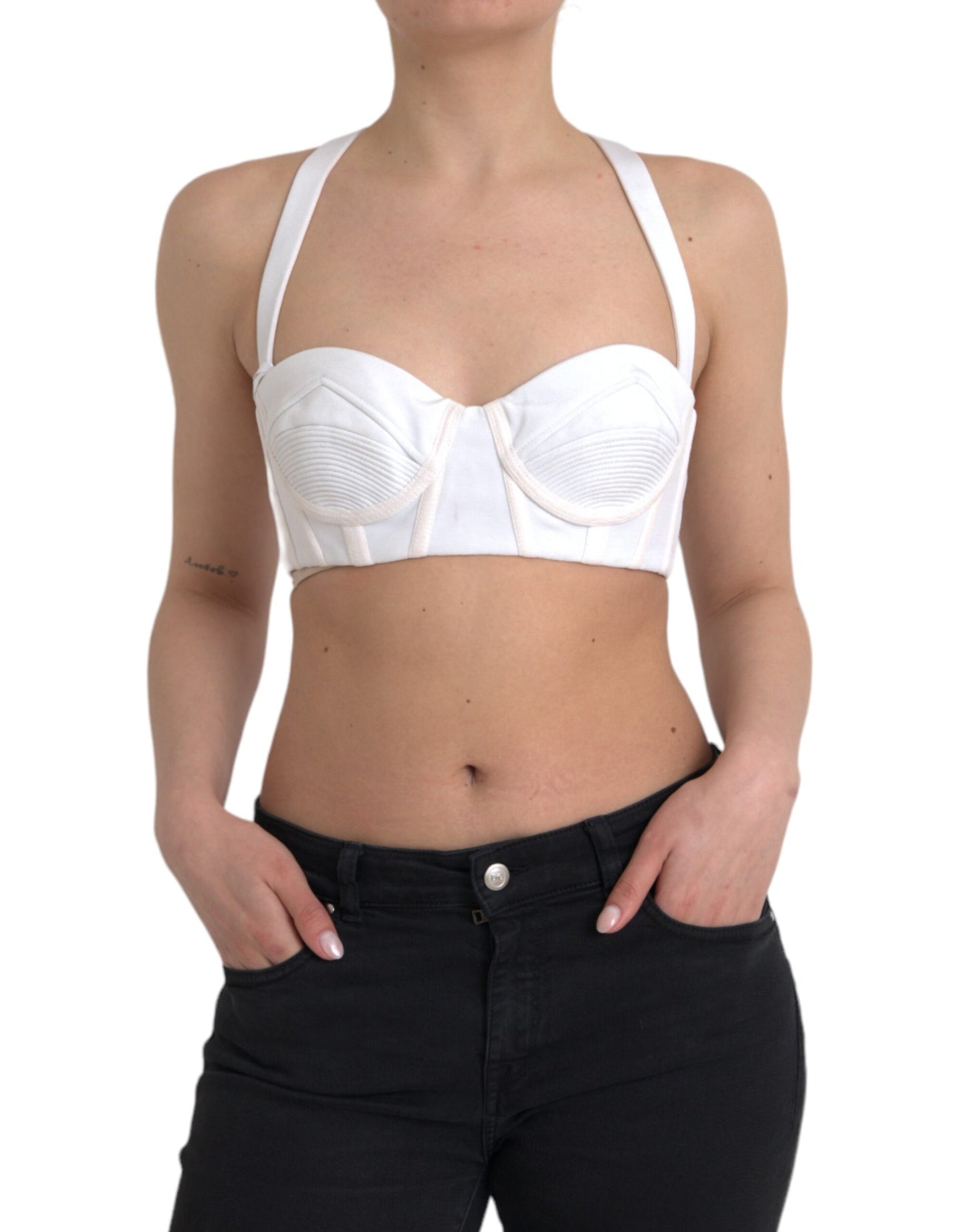 Top corto sin mangas con escote tipo bustier de viscosa blanca de Versace