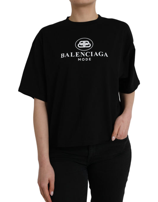 Camiseta de manga corta con cuello redondo y logotipo de algodón negro de Balenciaga