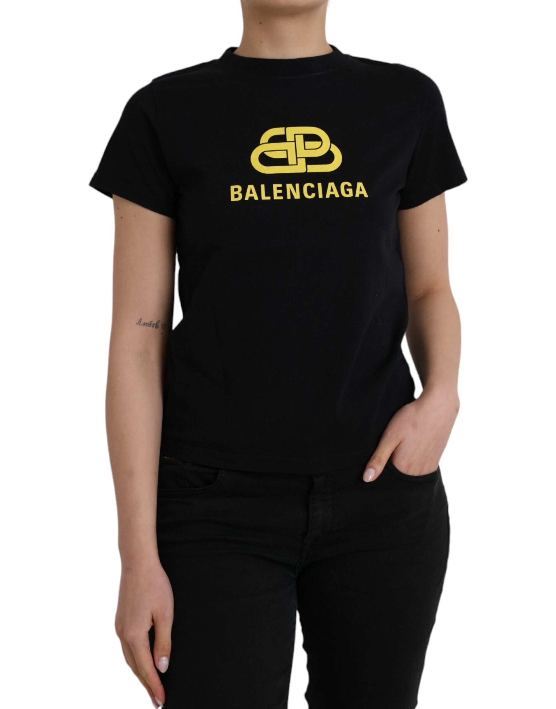 Camiseta de manga corta con cuello redondo y logotipo de algodón negro de Balenciaga