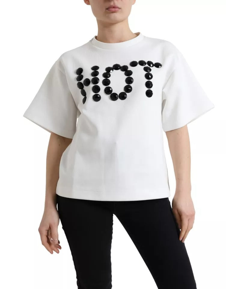 Dolce & Gabbana White Cotton Stretch Black HOT Crystal T-shirt