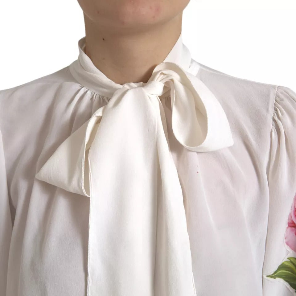 Blusa con cuello Ascot y estampado floral blanco de seda de Dolce &amp; Gabbana