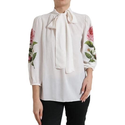 Blusa con cuello Ascot y estampado floral blanco de seda de Dolce &amp; Gabbana