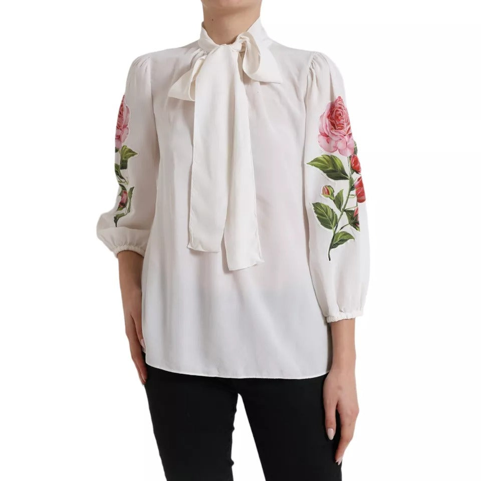 Blusa con cuello Ascot y estampado floral blanco de seda de Dolce &amp; Gabbana