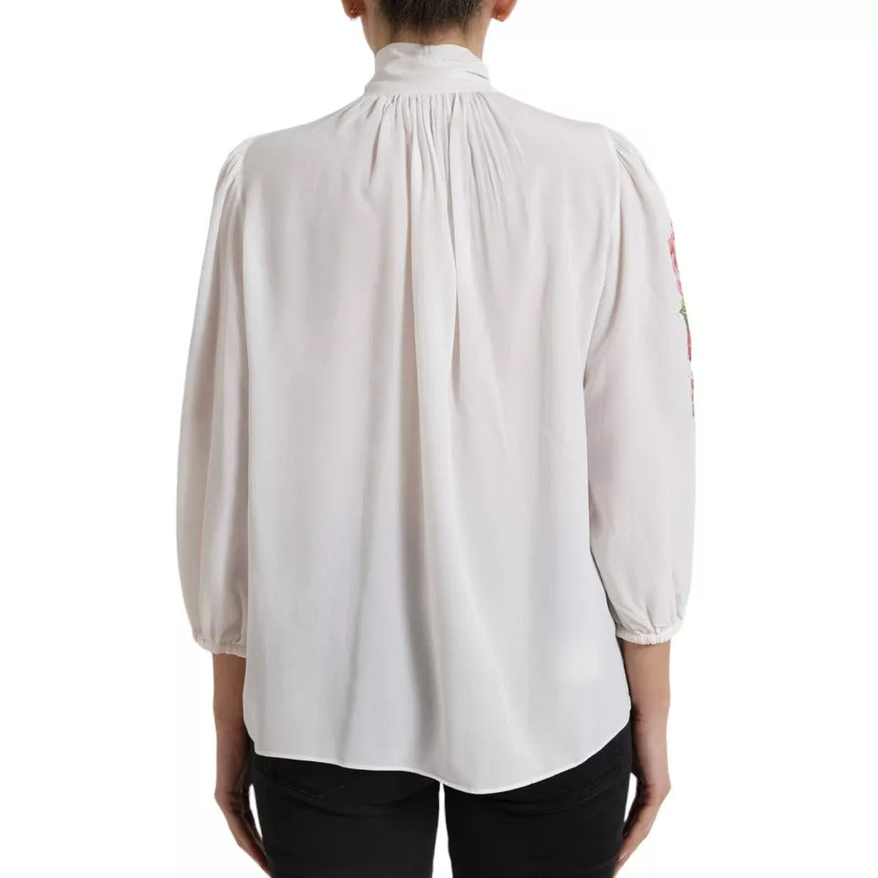 Blusa con cuello Ascot y estampado floral blanco de seda de Dolce &amp; Gabbana