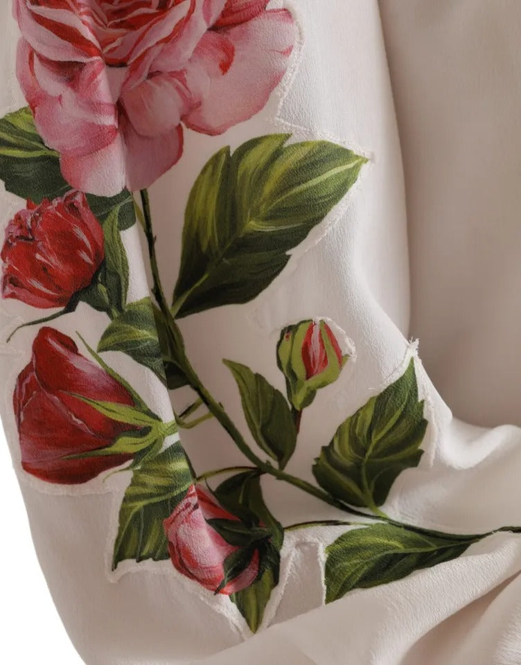 Blusa con cuello Ascot y estampado floral blanco de seda de Dolce &amp; Gabbana