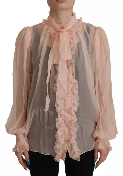 Top de manga larga con cuello Ascot de seda rosa claro de Dolce &amp; Gabbana