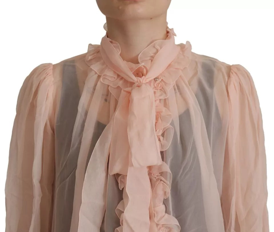 Top de manga larga con cuello Ascot de seda rosa claro de Dolce &amp; Gabbana