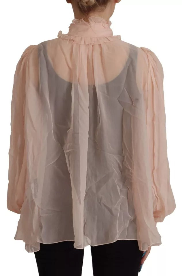 Top de manga larga con cuello Ascot de seda rosa claro de Dolce &amp; Gabbana