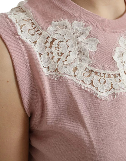 Dolce & Gabbana Pink Cashmere Lace Trim Sleeveless Tank Top