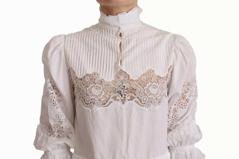 Blusa de cuello alto con ribete de encaje de algodón blanco de Dolce &amp; Gabbana