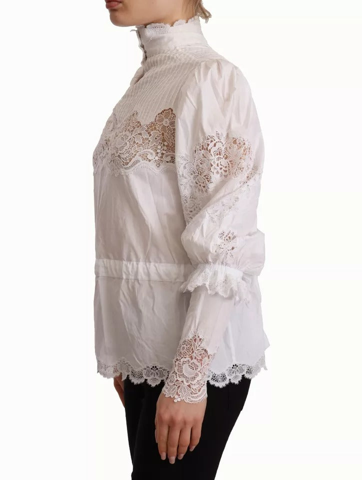 Blusa de cuello alto con ribete de encaje de algodón blanco de Dolce &amp; Gabbana