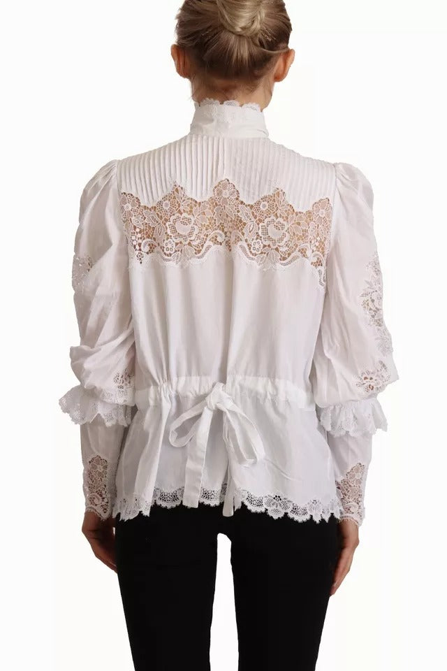 Blusa de cuello alto con ribete de encaje de algodón blanco de Dolce &amp; Gabbana