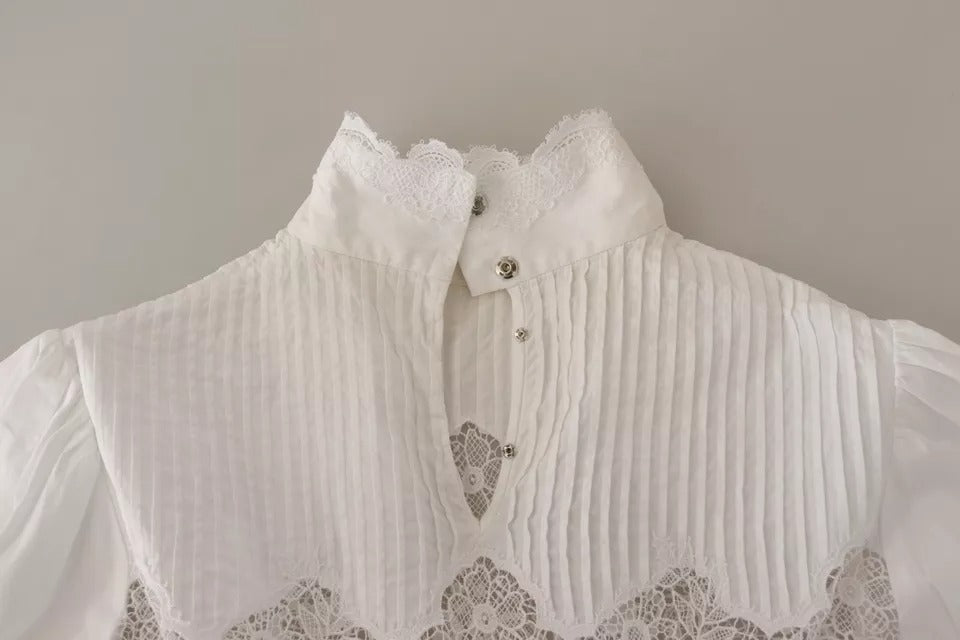 Blusa de cuello alto con ribete de encaje de algodón blanco de Dolce &amp; Gabbana