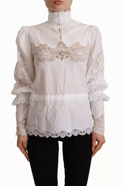 Blusa de cuello alto con ribete de encaje de algodón blanco de Dolce &amp; Gabbana