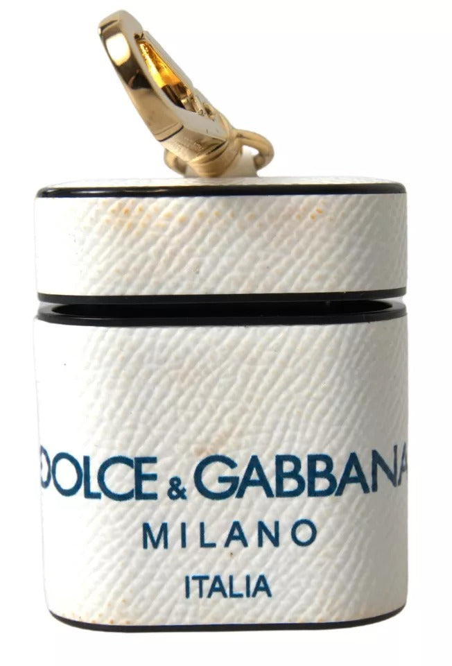 Estuche para Airpods con correa con estampado de logotipo en piel de becerro azul y blanco de Dolce &amp; Gabbana