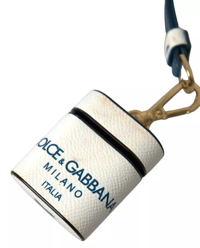 Estuche para Airpods con correa con estampado de logotipo en piel de becerro azul y blanco de Dolce &amp; Gabbana