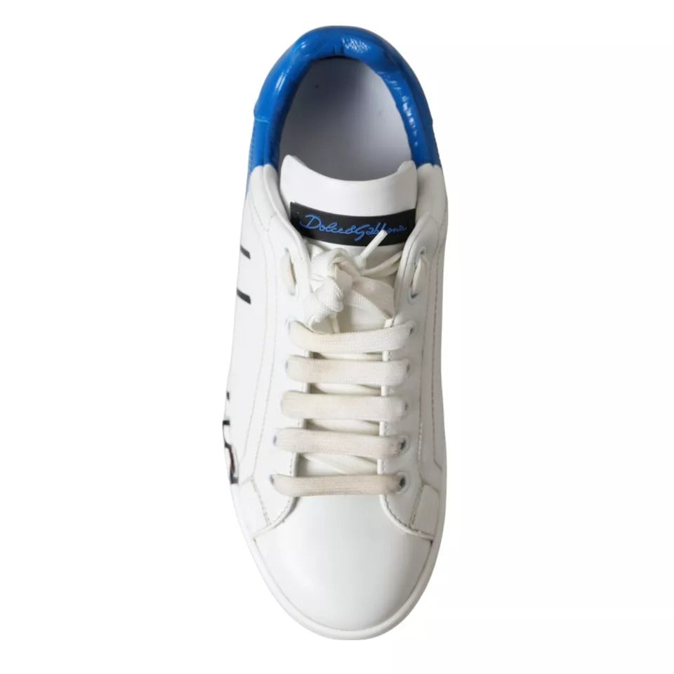 Dolce & Gabbana White Blue Leather Logo Low Top Sneakers Men Shoes