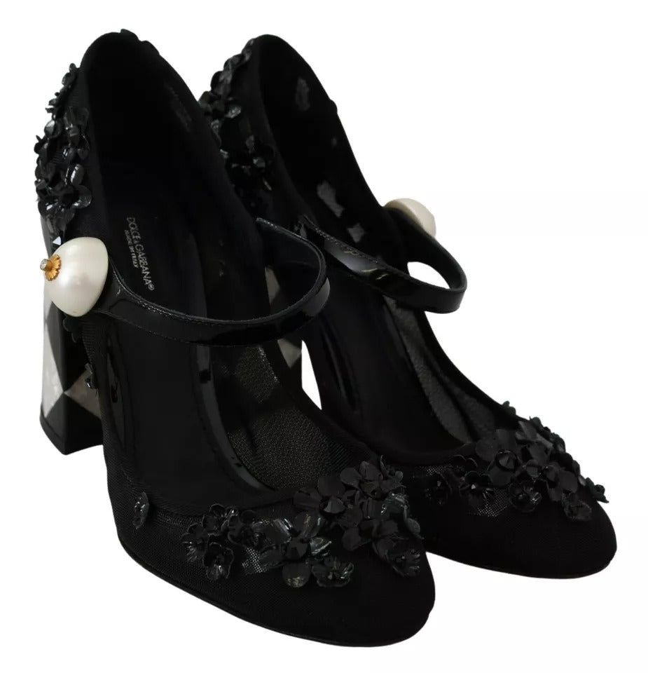 Zapatos de tacón Mary Jane con adornos florales en color negro de Dolce &amp; Gabbana