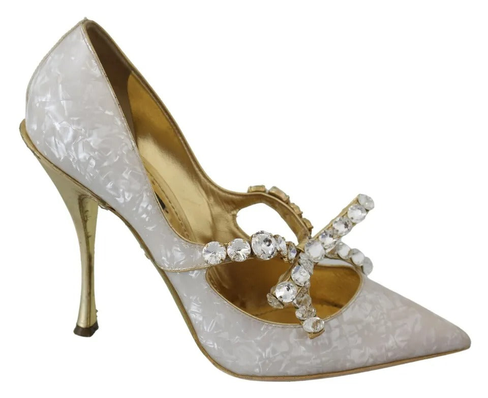 Dolce & Gabbana White Crystal Bow Pearl Mary Jane Pumps Shoes