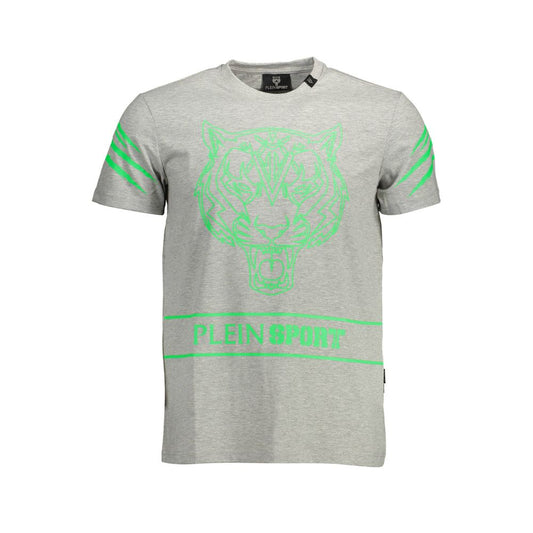 Camiseta elegante de cuello redondo gris con logotipo y detalles en contraste de Plein Sport