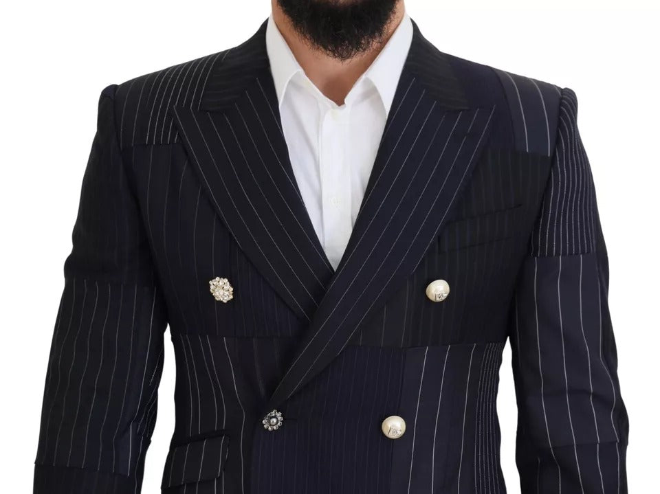 Dolce & Gabbana Blue Wool Patchwork Double Breasted Blazer