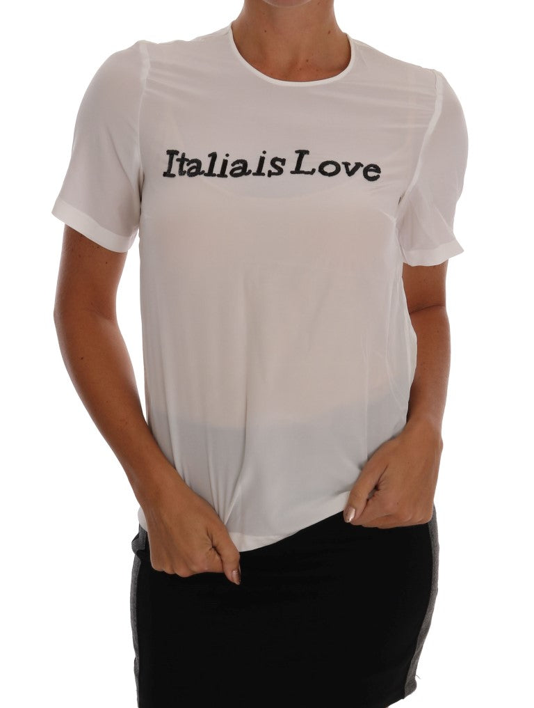 Blusa blanca con lentejuelas de seda 'Italia Is Love' de Dolce &amp; Gabbana