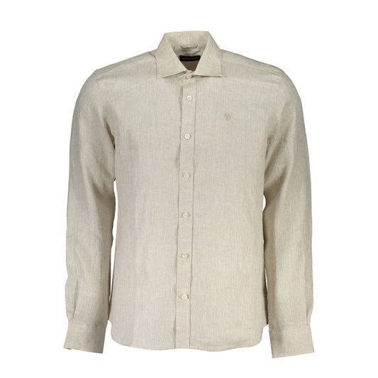 Camisa de lino beige con cuello italiano y logotipo bordado de North Sails