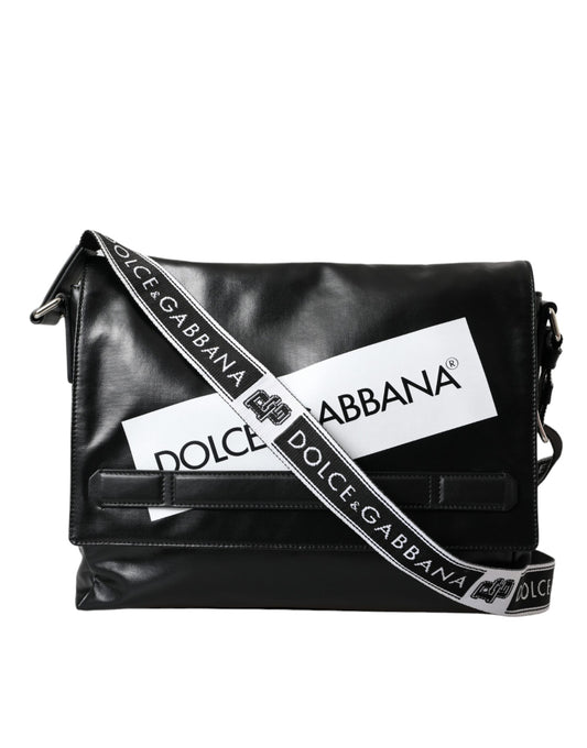 Bolso bandolera de lona con panel con logotipo y revestimiento de piel de becerro negra de Dolce &amp; Gabbana