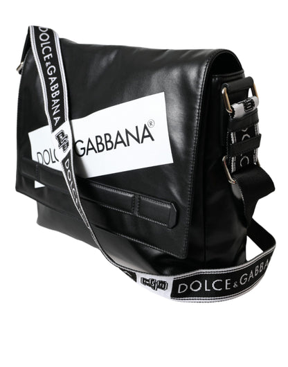 Bolso bandolera de lona con panel con logotipo y revestimiento de piel de becerro negra de Dolce &amp; Gabbana